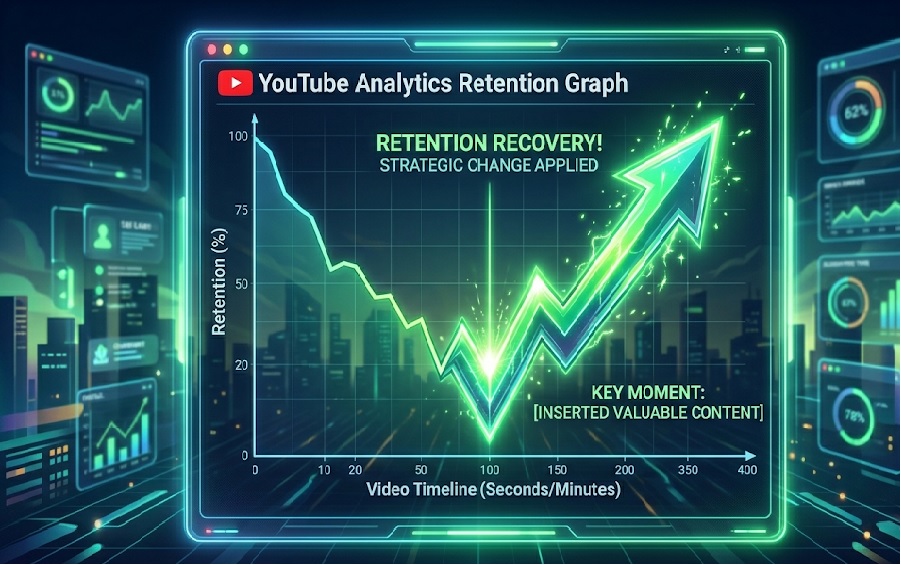 A declining YouTube analytics retention graph turning upwards with a glowing green arrow.